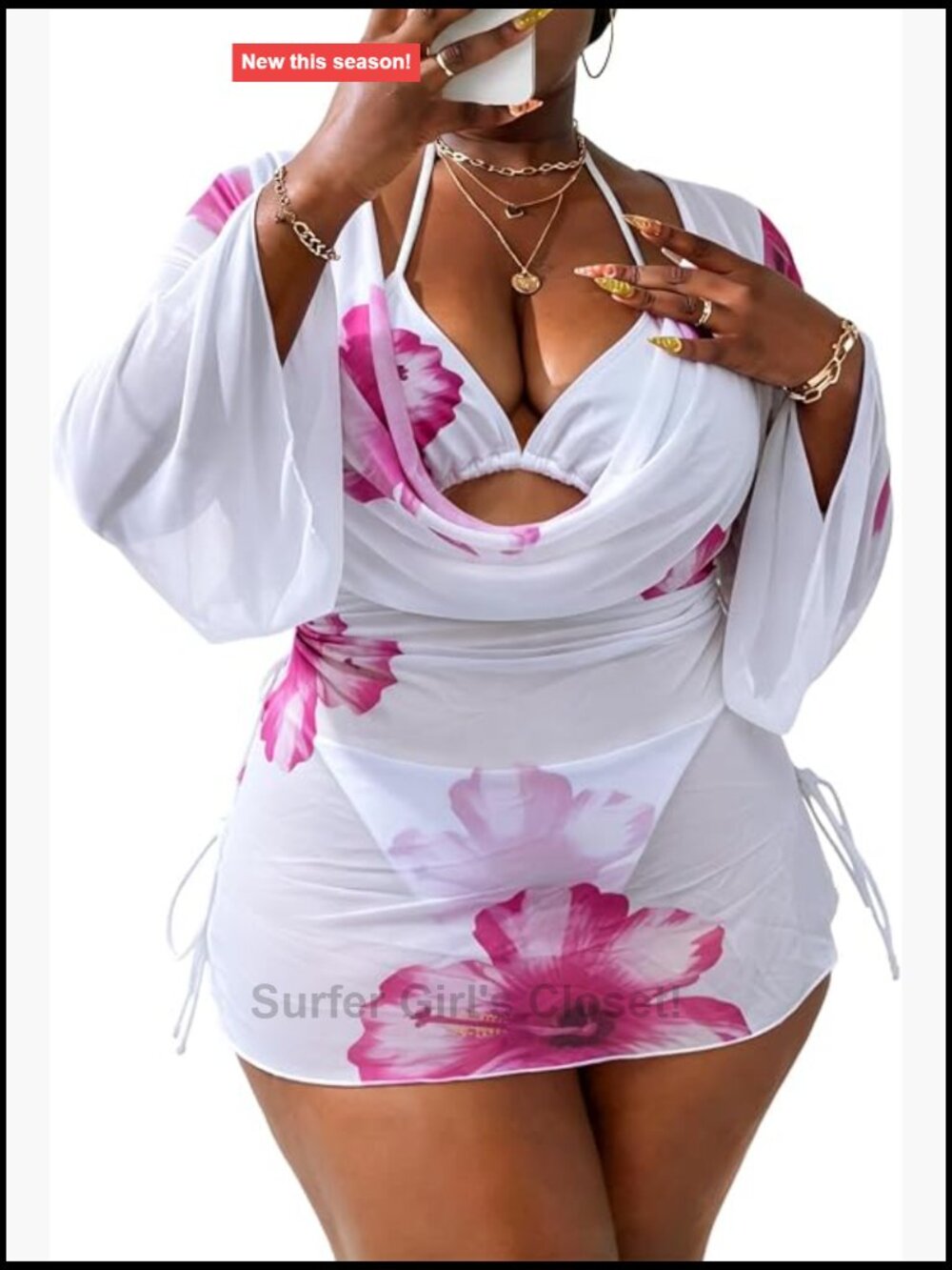 Plus Size 3 Piece Bikini Set with Cheeky Bottom and Sheer Cover Up